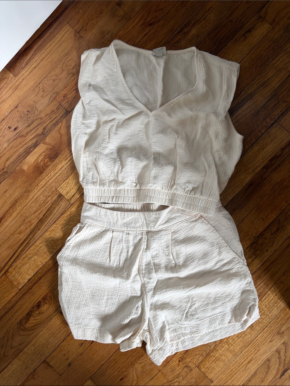 Lightweight Cream Two-Piece Set - V-Neck Top & High-Waist Shorts